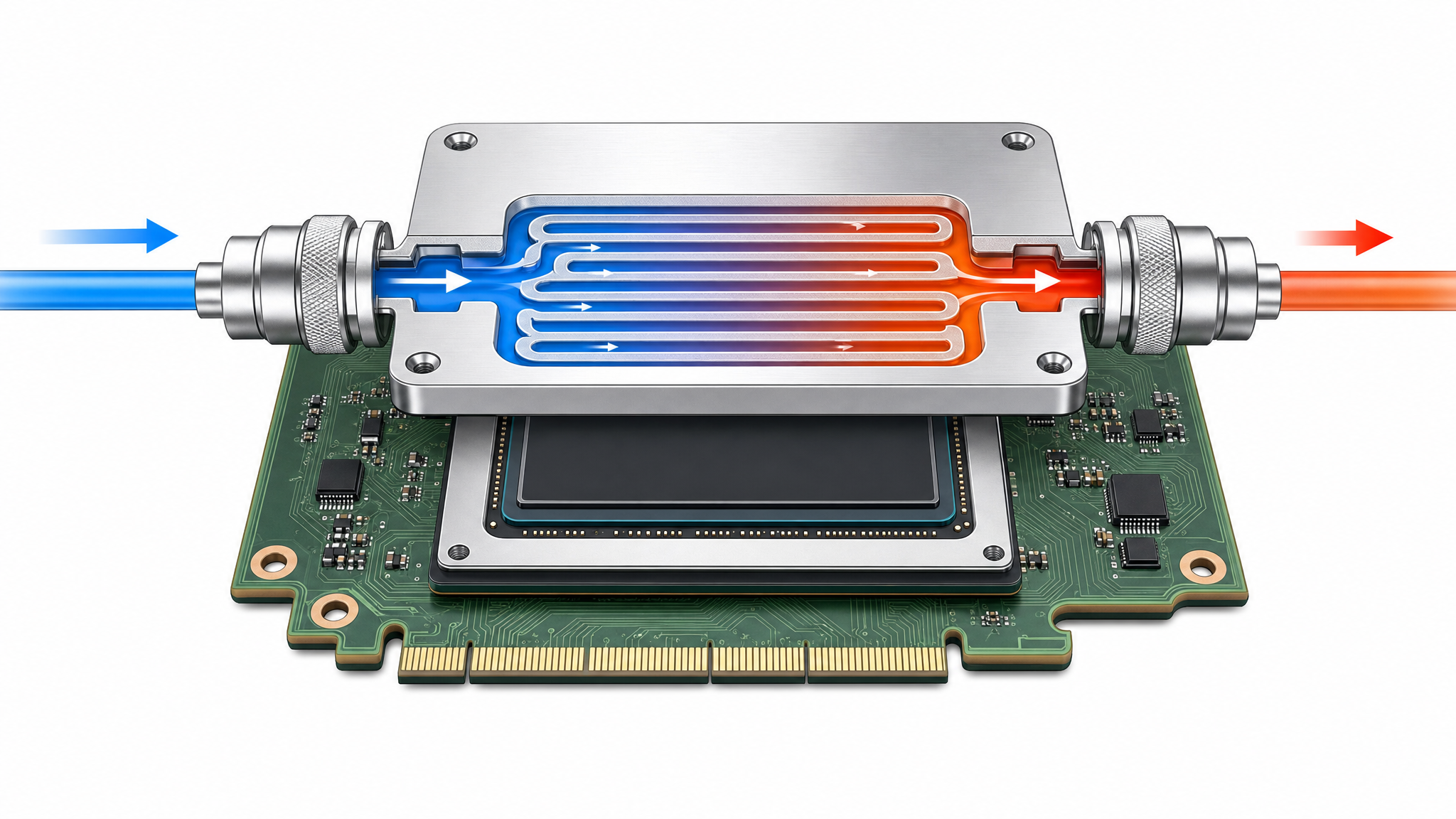 Diagrama técnico en sección de la placa fría de refrigeración líquida directa al chip sobre un procesador GPU, con visualización del flujo de refrigerante