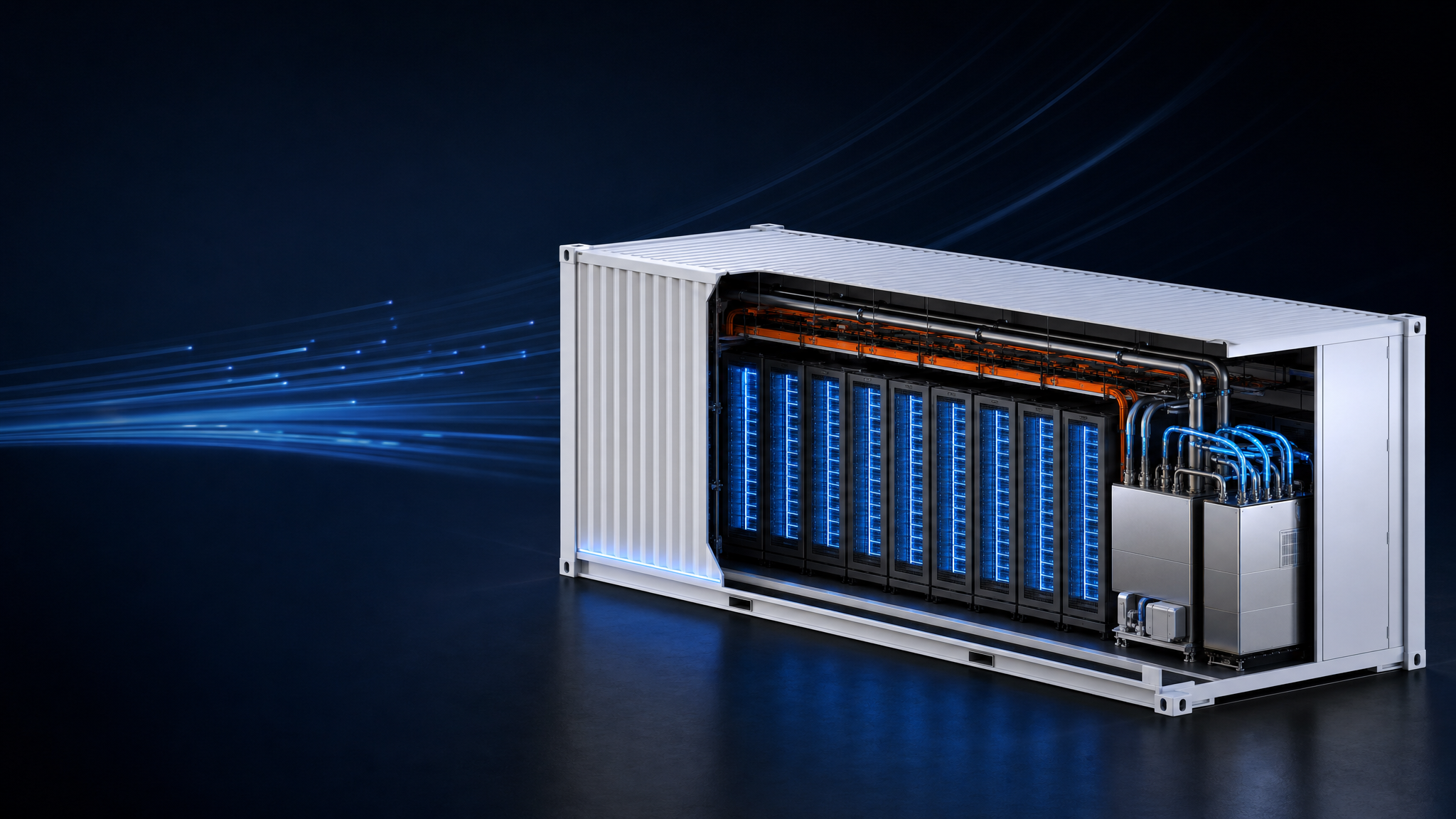 Centro de datos de IA en contenedor de 40ft con racks de GPU refrigerados por líquido: render 3D isométrico que muestra el interior en sección con tuberías azules de refrigerante y filas de servidores