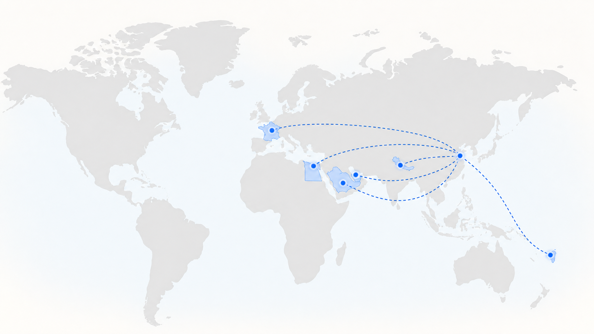 Mapa mundial que muestra los despliegues de centros de datos de IA de Soeteck en Arabia Saudita, Catar, Egipto, Nepal, Vanuatu y Francia, con rutas de transporte globales